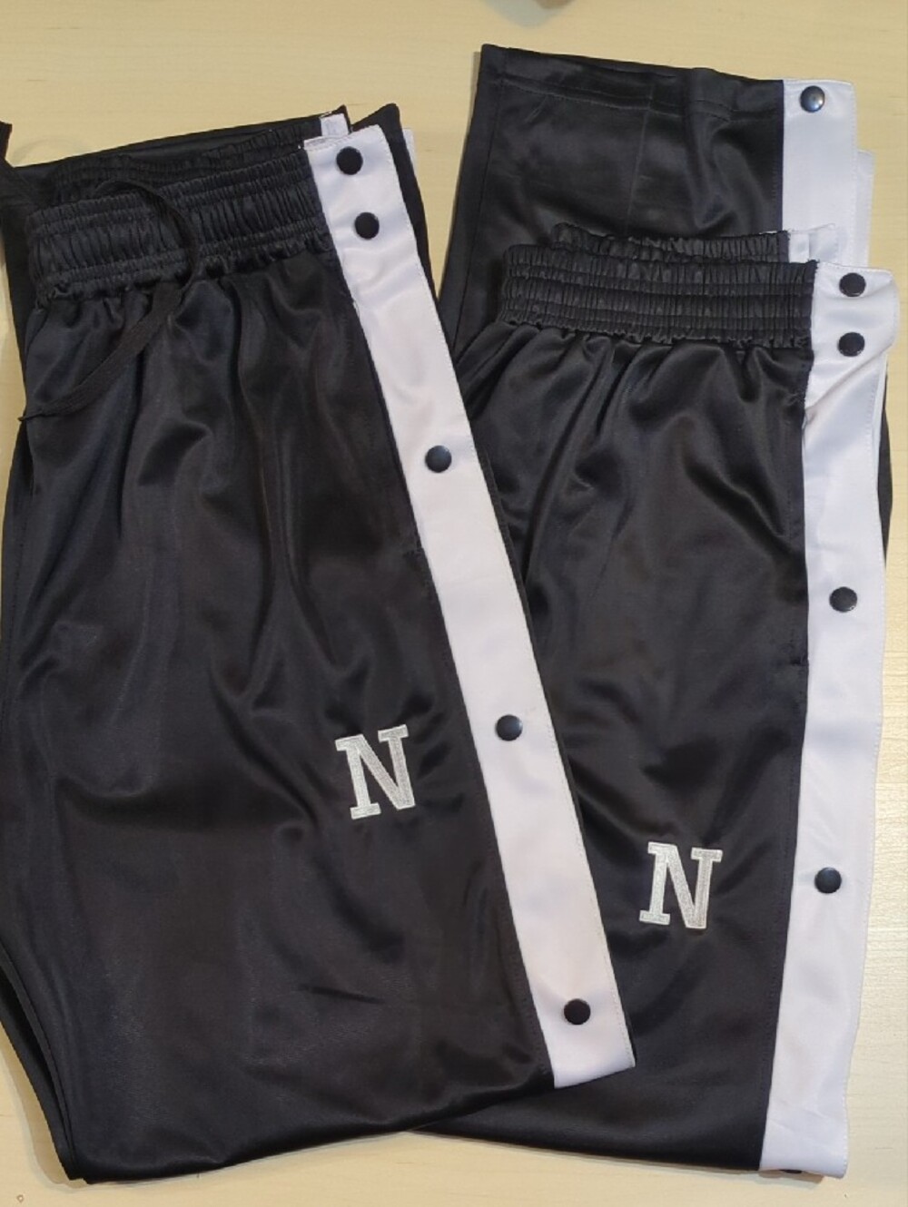 2 New Men's Black Tear Away Track Pants with White Side Stripe - N Logo